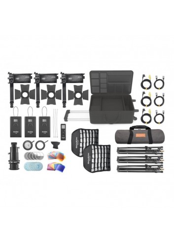 GODOX Kit di 3 illuminatori a led S60 con messa a fuoco + 3 stativi + 2 softbox + accessori